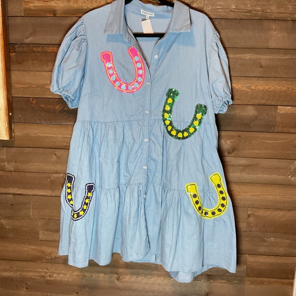 mainstrip Dresses & Skirts - Mainstrip Horseshoe Sequins Lucky Lady Horseshoe Blue Dress Women’s Size XL NWT
